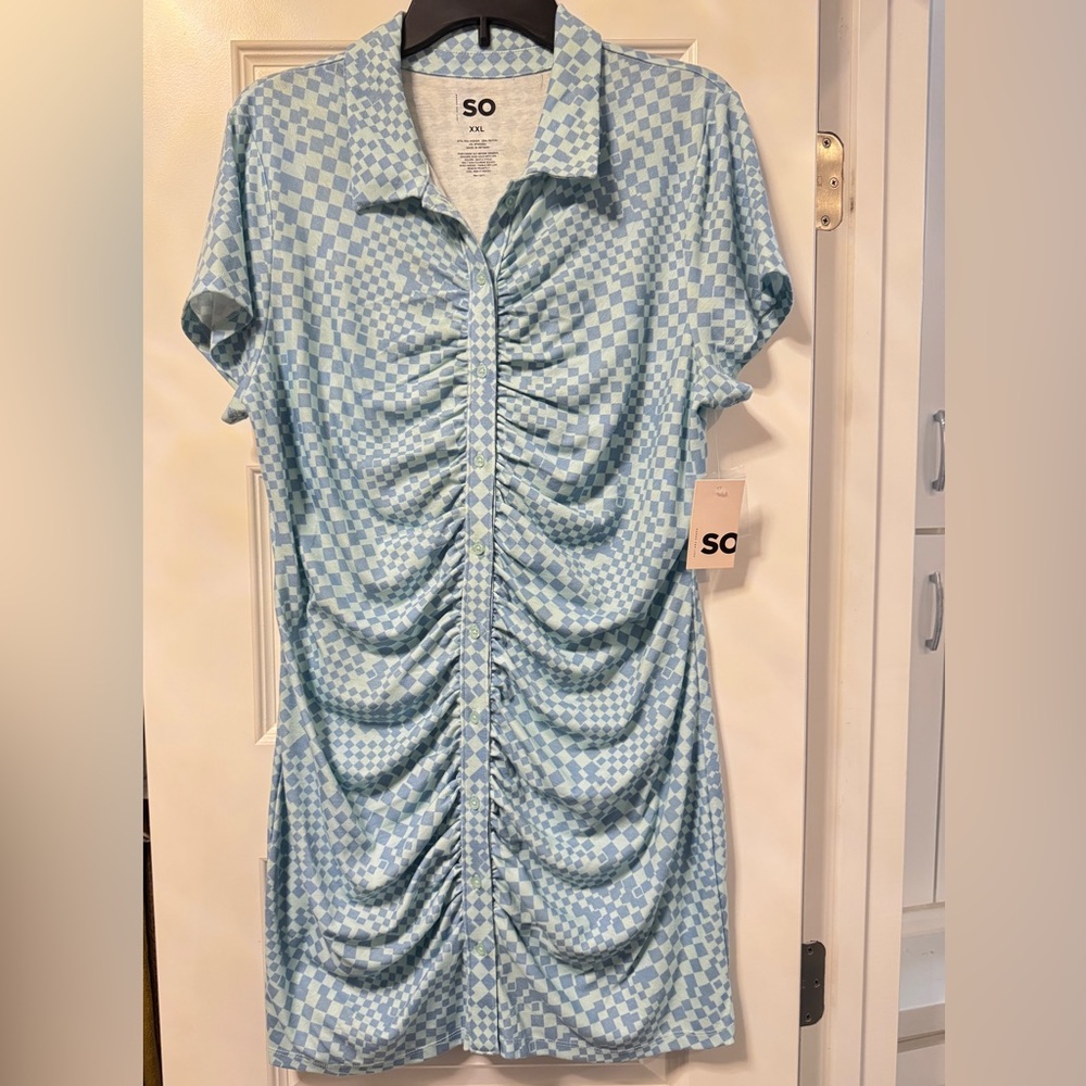 SO Light Blue Checkered Ruched Dress